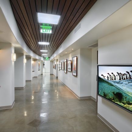A hallway featuring a large television mounted on the wall, providing a modern and inviting atmosphere.